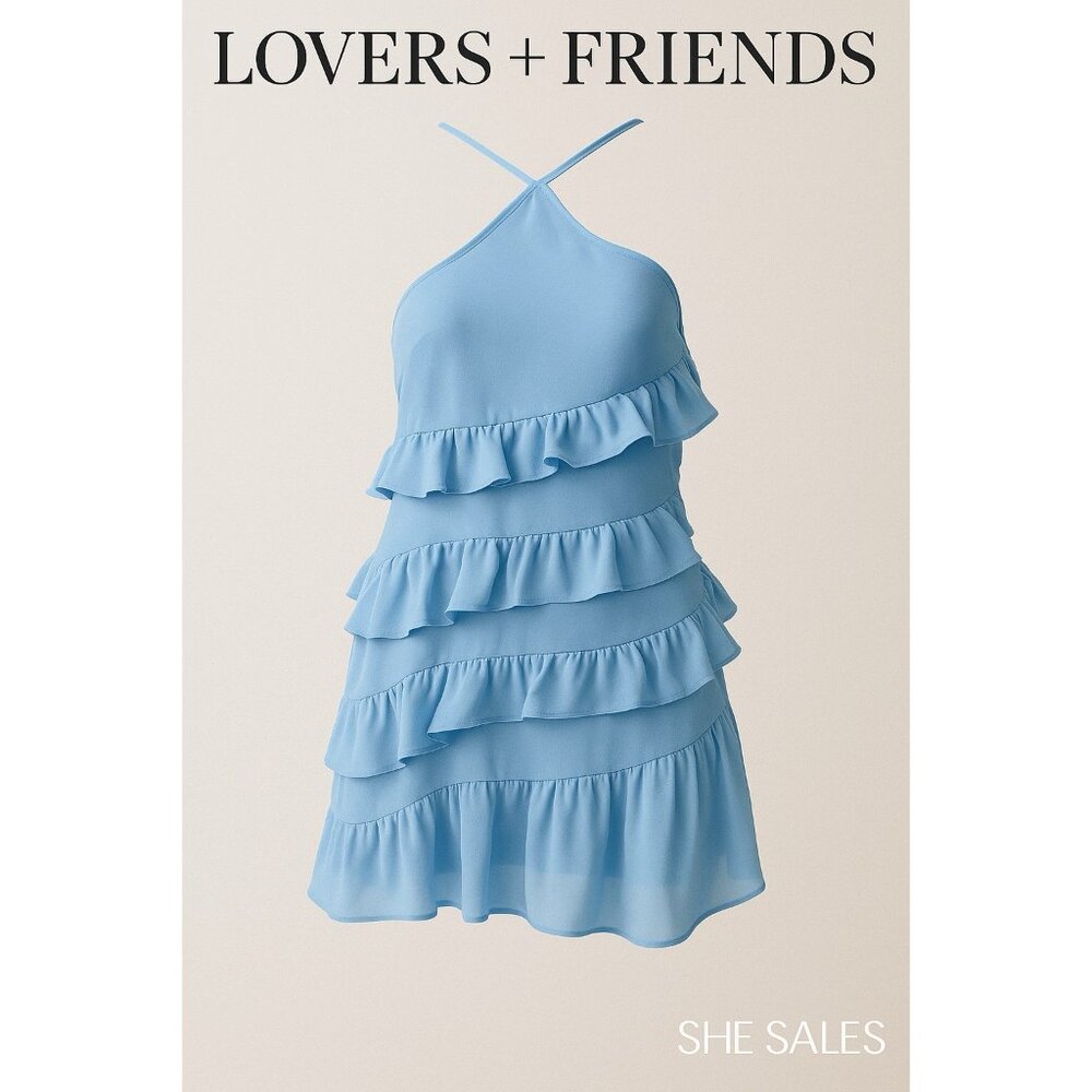 Lovers + Friends Liv Ruffle Mini Dress Blue Size S Halter Summer Party - Picture 2 of 9